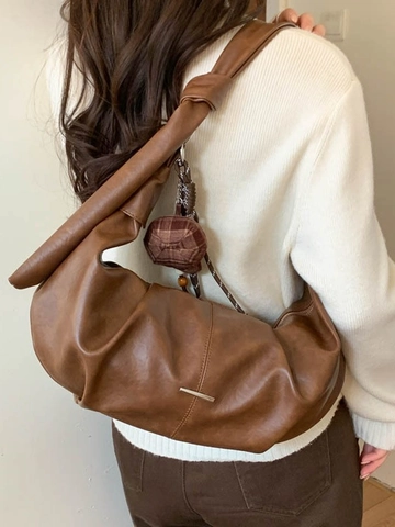 Borsa a Spalla in Pelle PU Plissettata Retrò Grande Capacità Borsa Hobo Minimalista Tracolla con Nodo Borsa a Tracolla Donna Moda