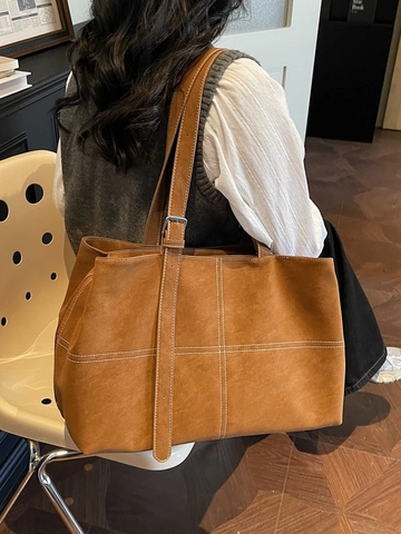 Damen Große Kapazität Wildlederimitat Tragetasche Kontrastnähte Vintage Umhängetasche Urban Simple Handtasche Täglich Pendeln