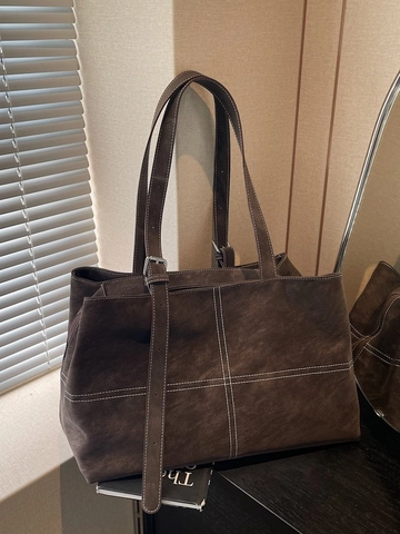 Damen Große Kapazität Wildlederimitat Tragetasche Kontrastnähte Vintage Umhängetasche Urban Simple Handtasche Täglich Pendeln