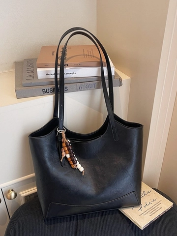 Bolso Tote Retro de Gran Capacidad para Mujer en Cuero PU Con Colgante de Cuentas de Madera Bolso de Hombro Minimalista para Oficina