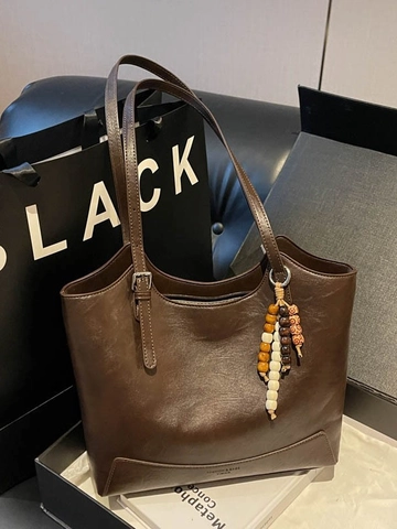 Bolso Tote Retro de Gran Capacidad para Mujer en Cuero PU Con Colgante de Cuentas de Madera Bolso de Hombro Minimalista para Oficina