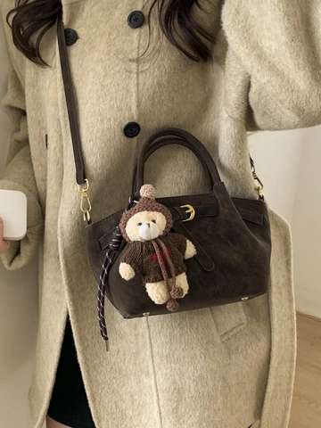 Vintage Minimalist PU Leather Shoulder Bag For Women Retro Solid Color Handbag With Belt Buckle And Bear Pendant Casual Bag