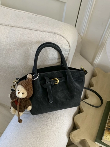 Vintage Minimalist PU Leather Shoulder Bag For Women Retro Solid Color Handbag With Belt Buckle And Bear Pendant Casual Bag