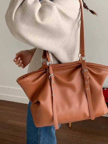 Women's Simple Large Capacity Soft PU Leather Tote Bag Urban Commuter Shoulder Bag College Style Solid Color Handbag