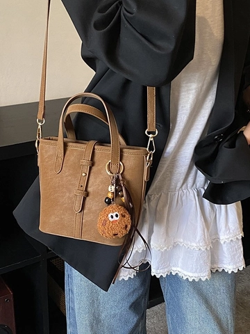 Borsa a Secchiello in Pelle PU da Donna Con Tracolla Regolabile e Ciondolo in Peluche Borsa a Tracolla Per Uso Quotidiano