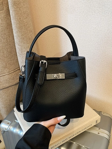 Women Litchi Pattern PU Leather Bucket Bag Crossbody Shoulder Handbag With Metal Lock Solid Color Commuter Tote Bag