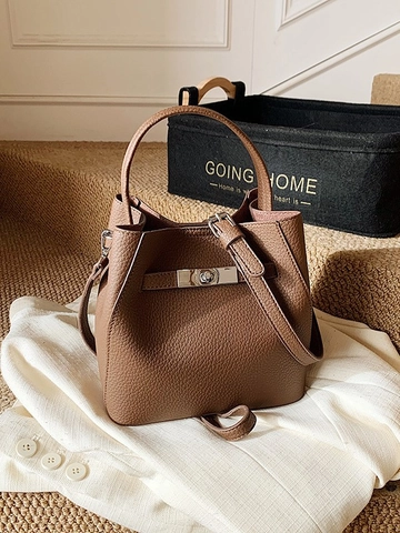 Women Litchi Pattern PU Leather Bucket Bag Crossbody Shoulder Handbag With Metal Lock Solid Color Commuter Tote Bag