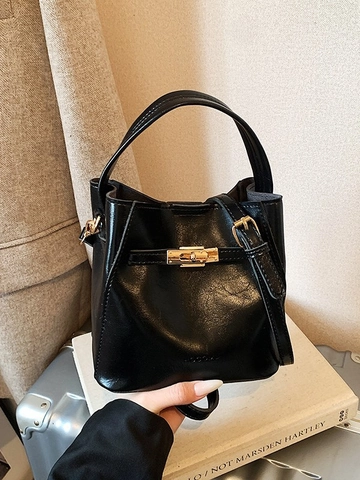 Fashion Women PU Leather Bucket Bag Minimalist Glossy Handbag With Adjustable Shoulder Strap Retro Solid Color Crossbody Bag Street Trend Daily Purse