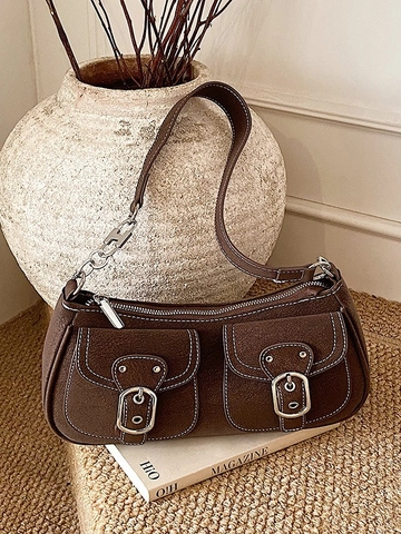Borsa Sottobraccio in PU Retrò da Donna Elegante Borsa a Tracolla Multi-tasche Design con Cuciture Borsa da Pendolare Casual