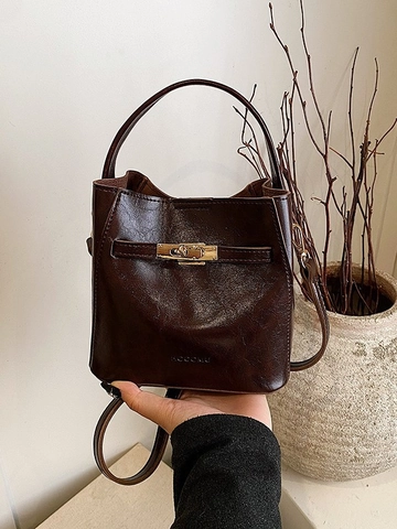 Fashion Women PU Leather Bucket Bag Minimalist Glossy Handbag With Adjustable Shoulder Strap Retro Solid Color Crossbody Bag Street Trend Daily Purse