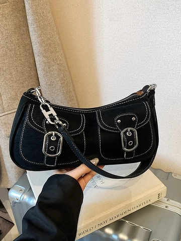 Borsa Sottobraccio in PU Retrò da Donna Elegante Borsa a Tracolla Multi-tasche Design con Cuciture Borsa da Pendolare Casual
