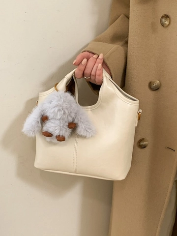 Borsa a Secchiello da Donna in Stile Coreano in Pelle PU Minimalista Tinta Unita Con Ciondolo a Coniglio Borsa a Tracolla Retrò Pendolare