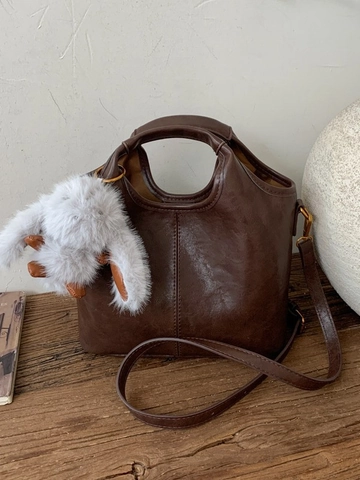 Borsa a Secchiello da Donna in Stile Coreano in Pelle PU Minimalista Tinta Unita Con Ciondolo a Coniglio Borsa a Tracolla Retrò Pendolare