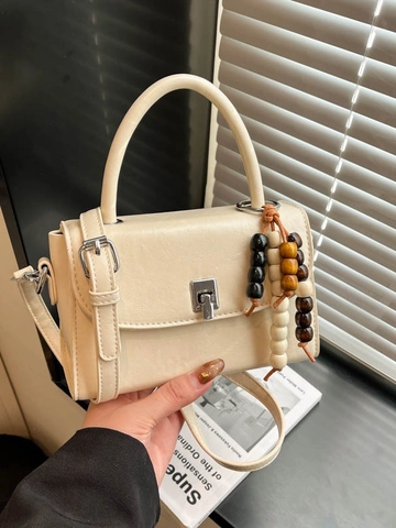 Women Retro PU Leather Handbag With Wood Bead Pendant Metal Buckle Small Square Crossbody Shoulder Bag For Daily Fashion