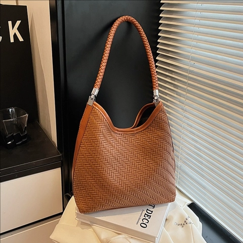 Bolso Hobo Tejido de Gran Capacidad para Mujer Retro Calidad Cuero PU Bolso de Hombro de Axila Minimalista Color Sólido