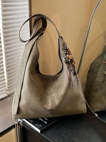 Borsa Tote Donna Vintage Grande Capacità Retrò in Pelle PU Hobo Borsa a Spalla Con Pendente a Nappina e Perline in Legno