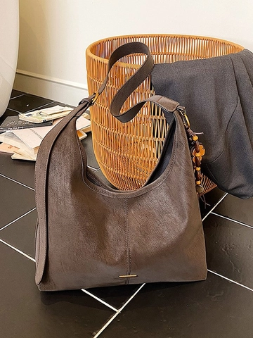 Borsa Tote Donna Vintage Grande Capacità Retrò in Pelle PU Hobo Borsa a Spalla Con Pendente a Nappina e Perline in Legno