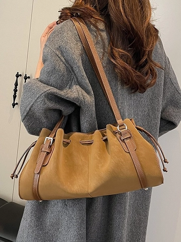 Women's Retro Pleated PU Leather Shoulder Bag Minimalist Drawstring Bucket Bag Large Capacity Solid Color Handbag For Daily Use