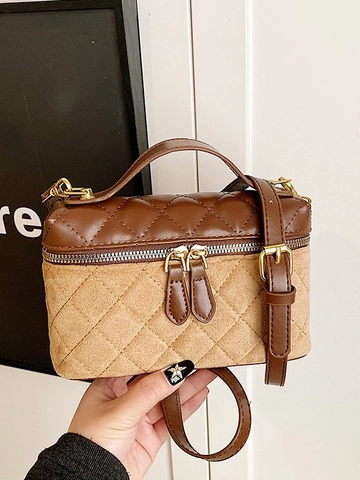 Women Vintage Rhombus Quilted Small Square Crossbody Bag PU Suede Splicing Boxy Shoulder Bag With Double Zipper And Handle