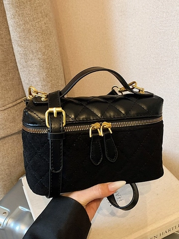 Women Vintage Rhombus Quilted Small Square Crossbody Bag PU Suede Splicing Boxy Shoulder Bag With Double Zipper And Handle