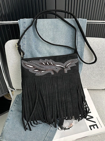 Vintage Böhmisch Wildleder-Optik Fransentasche Damen Strass Blatt Bestickt Quasten Umhängetasche Alltag Party Handtasche