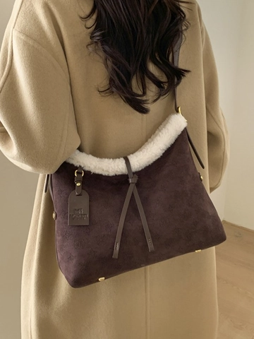 Borsa a Tracolla da Donna Rétro in Pelle PU con Monogramma a Rilievo Bordo in Ecopelliccia Moda Borsa Tote da Ufficio Grande Capacità