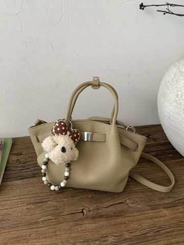Damen Litschi Textur PU Leder Beuteltasche Minimalistische Retro Schulter Crossbody Handtasche Mit Welpen Bär Schlüsselanhänger
