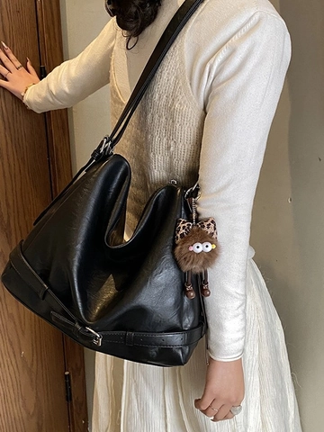 Borsa Tote Grande in Pelle PU Retro da Donna Borsa a Tracolla Minimalista Con Ciondolo in Peluche Stile Coreano Borsa Hobo Quotidiana