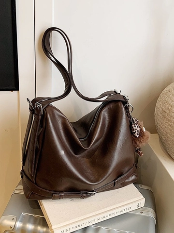 Borsa Tote Grande in Pelle PU Retro da Donna Borsa a Tracolla Minimalista Con Ciondolo in Peluche Stile Coreano Borsa Hobo Quotidiana