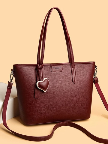 Borsa Tote in Pelle PU a Motivo Litchi di Grande Capacità per Donna Con Ciondolo a Cuore Borsa a Mano Pendolarismo Ufficio