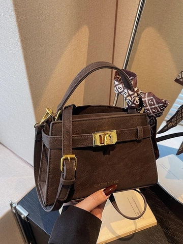 Borsa a Mano da Donna in Pelle PU Opaca Retro Con Sciarpa di Seta Serratura in Metallo Oro Borsa a Tracolla da Pendolare
