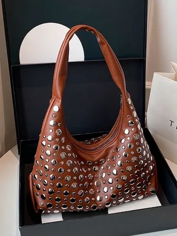 Bolso de Hombro Hobo de Moda con Remaches para Mujer Bolso de Cubo de Cuero de PU Estilo Punk con Tachuelas de Metal Bolso de Axila Moda Tote Diario