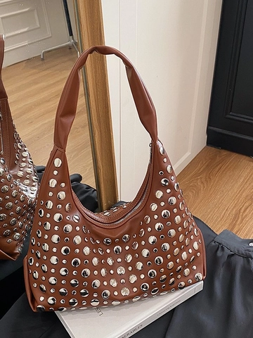 Bolso de Hombro Hobo de Moda con Remaches para Mujer Bolso de Cubo de Cuero de PU Estilo Punk con Tachuelas de Metal Bolso de Axila Moda Tote Diario