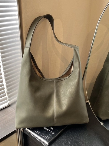 Women Vintage Large Capacity Tote Bag Soft PU Leather Hobo Shoulder Bag With Contrast Stitching Retro Commuting Handbag