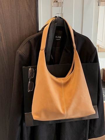Women Vintage Large Capacity Tote Bag Soft PU Leather Hobo Shoulder Bag With Contrast Stitching Retro Commuting Handbag
