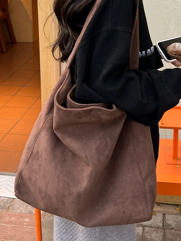 Retro Suede Tote Bag For Women Large Capacity Minimalist Solid Color Shoulder Bag Versatile Commute Handbag