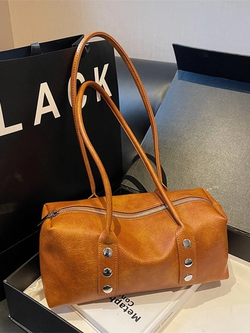 Bolso de Axila de Cuero PU Retro para Mujer Decoración de Remaches Bolso de Hombro Minimalista Color Sólido Bolso de Mano Tote