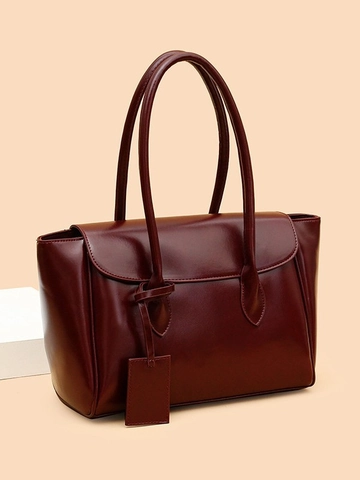 Women Vintage PU Leather Large Capacity Tote Bag Glossy Finish Shoulder Bag Fashion Elegant Underarm Bag For Daily Commute