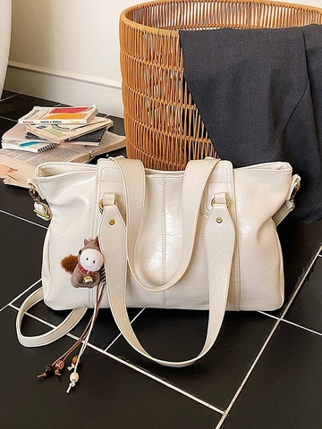 Borsa Tote in Pelle PU Vintage di Grande Capacità per Donna Borsa a Tracolla Retrò Lucida con Ciondolo Cavallo di Peluche