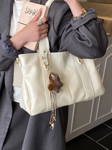 Large Capacity Vintage PU Leather Tote Bag For Women High Gloss Retro Shoulder Handbag With Plush Horse Charm Commuter