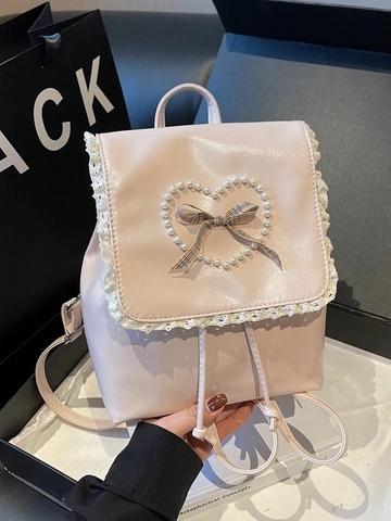 Zaino da Donna in Pelle PU Dolce Con Cuore di Perle e Fiocco a Quadri Bordo in Pizzo Moda Casual Mini Zainetto per Ragazze