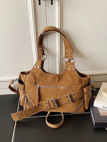 Sac à Épaule Vintage en Cuir PU pour Femmes Style Punk avec Rivets Grande Capacité Sac Fourre-Tout Multi Zips