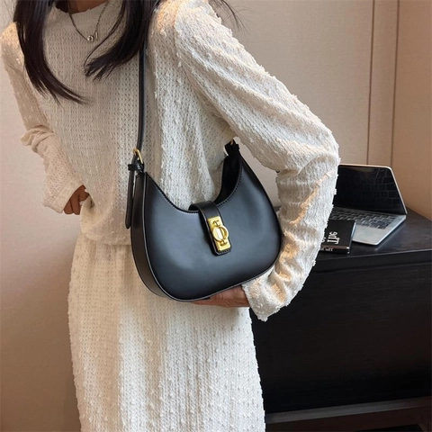 Damen Minimalistische Kunstleder Hobo Schultertasche Gold Metall Schloss Crescent Unterarmtasche Für Den Täglichen Ausflug Pendeln