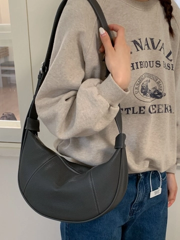 Minimalist Women PU Leather Hobo Bag Lychee Texture Half Moon Shoulder Bag Adjustable Strap Zipper Spliced Commute Fashion Bag