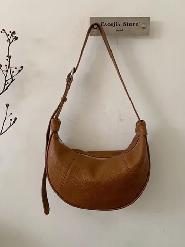 Minimalist Women PU Leather Hobo Bag Lychee Texture Half Moon Shoulder Bag Adjustable Strap Zipper Spliced Commute Fashion Bag