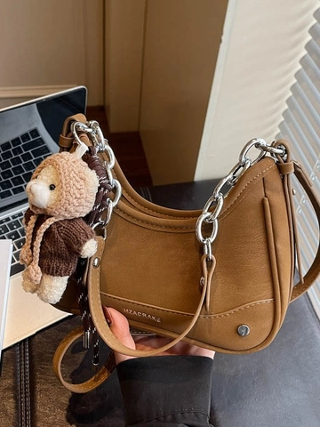 Borsa Hobo Mezzaluna Retro da Donna Decorazione Catena in Metallo Con Ciondolo a Orso Moda Semplice Borsa a Tracolla in PU