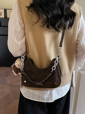 Borsa Hobo Mezzaluna Retro da Donna Decorazione Catena in Metallo Con Ciondolo a Orso Moda Semplice Borsa a Tracolla in PU