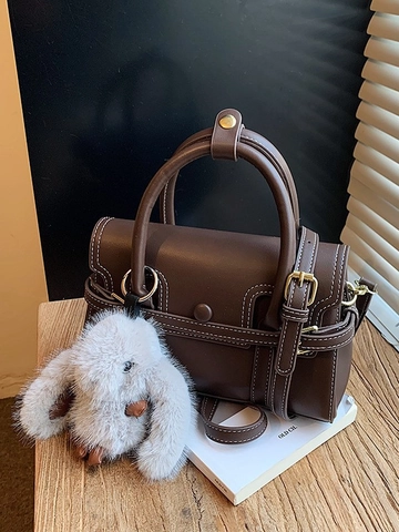 Borsa Bowling da Donna in Pelle PU Con Cuciture a Contrasto Borsa a Tracolla Retro Con Portachiavi a Coniglietto di Peluche Elegante Borsa Boston