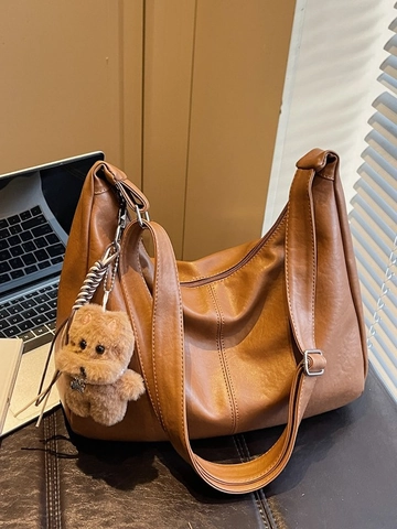 Women Retro PU Leather Large Capacity Tote Bag Fashion Hobo Shoulder Crossbody Bag With Plush Puppy Charm
