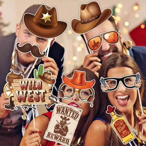 Western Cowboy Party Photo Booth Props Wild West Theme Cardboard Props For Birthday Celebration Decoration Accessories Masks